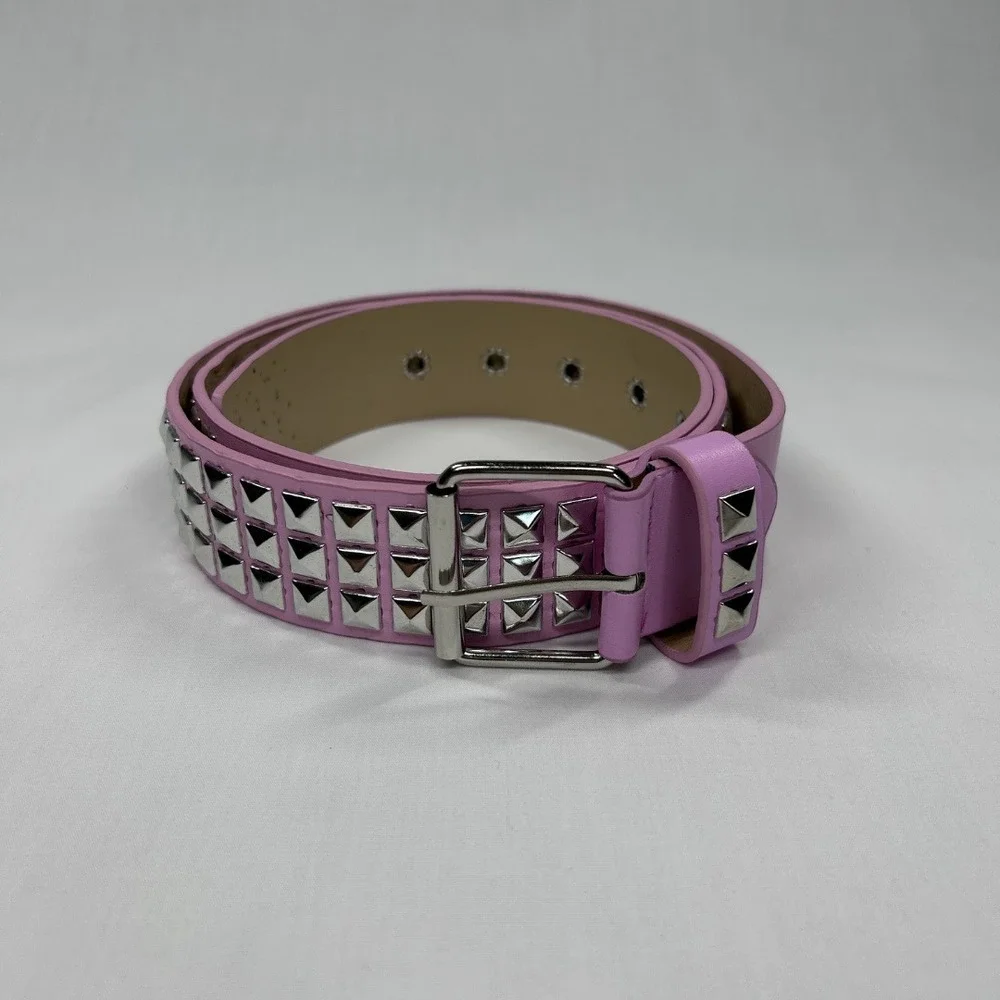 Pink Faux Leather Studded Belt 3 Row Silver Pyramid Studs Punk Emo NWOT